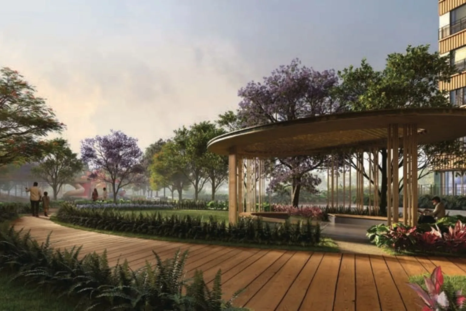 Landscaped walkways and stepped terraces
